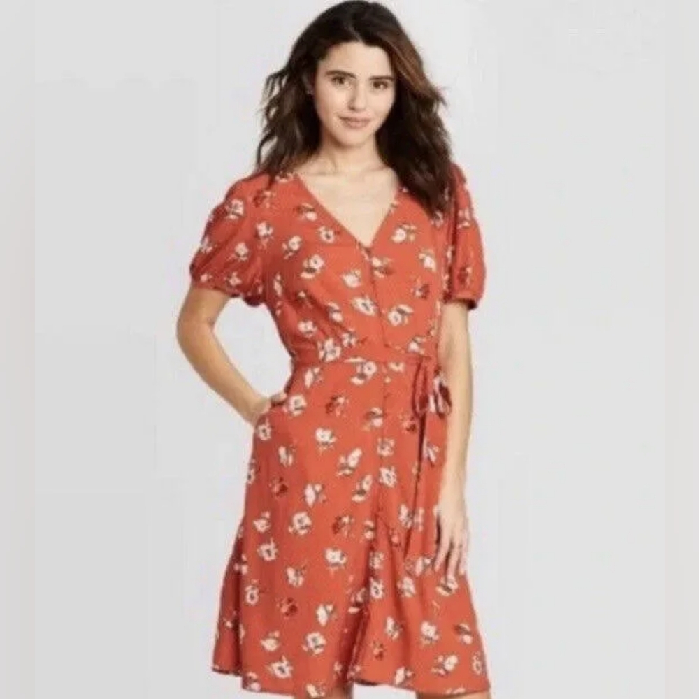 Universal Thread Rust Colored Floral Tie Waist Button V-neck Midi Sundress